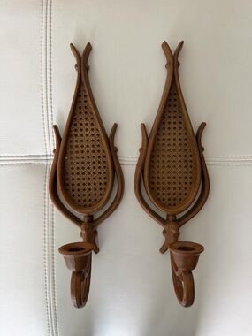 Pair Vintage Mid Century Syroco Faux Cane Candle Wall Sconces